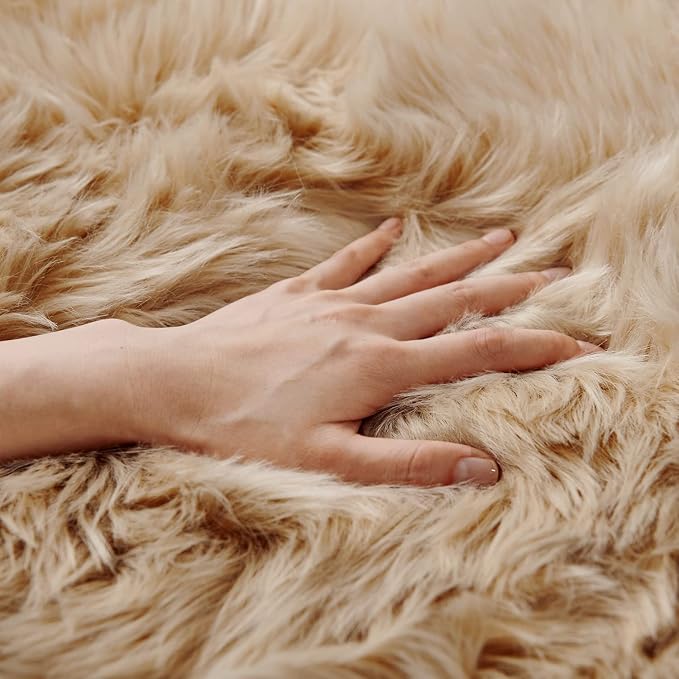 SERISSA 5x5 Fluffy Beige Round Faux Fur Area Rug - Image 4