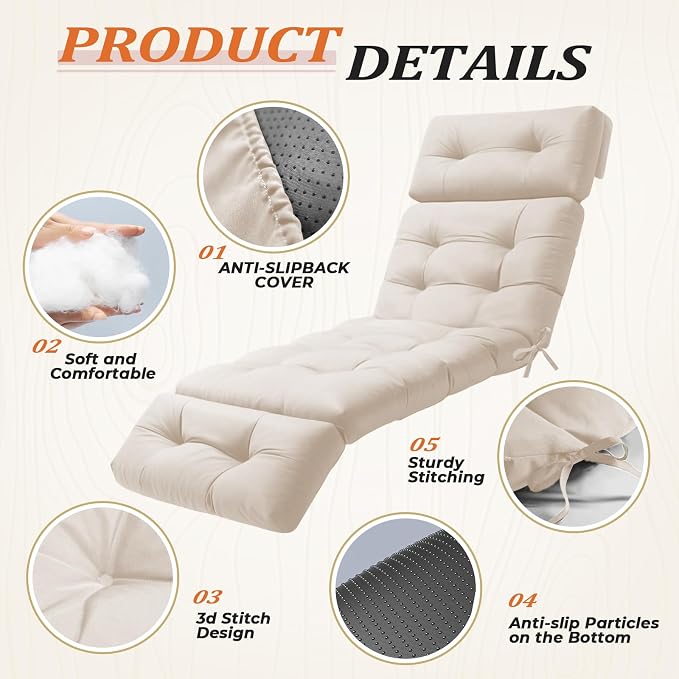 Outdoor Chaise Lounge Cushion, Waterproof 74.4x22x4.7 Inch Thick Cotton Filled - Image 5