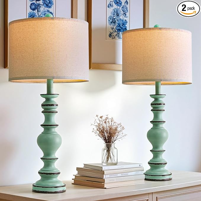 BOBOMOMO 27" Distressed Teal Table Lamps Set of 2, Large Coastal Farmhouse by BOBOMOMO