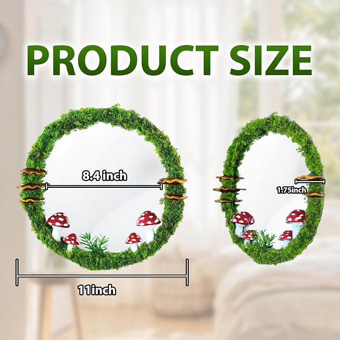 EVOLUX Wall Mirror Mushroom Decor Handmade Moss Round Hanging Mirror Cottage - Image 3