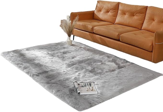 linmopm Faux Fur Rug Sheepskin Grey Shag Fluffy Fuzzy 5x7 ft Rugs by Limopmfauxfurproducts