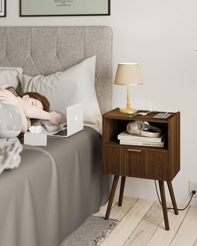 JOONEE Nightstand with Outlet, Modern Bedside Table with Storage Drawer and - Image 3