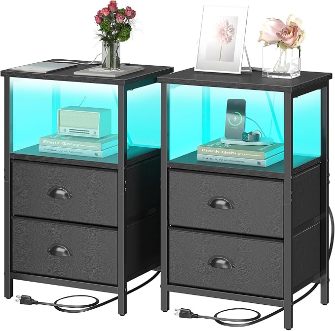 sthmec Nightstand with Charging Station, LED Night Stand Set 2, Bedside Table by Unknown