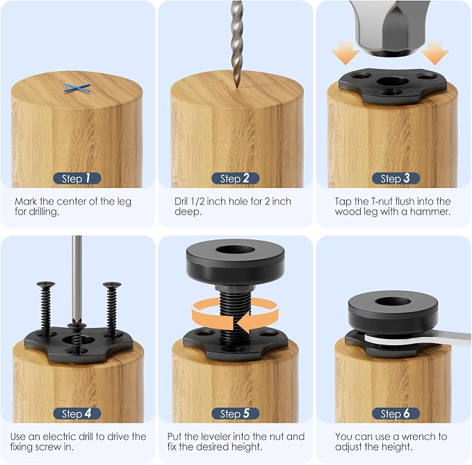 MROCO Adjustable Leveling Feet, 3/8"-16 Thread T-Nut Kit Furniture Levelers - Image 5
