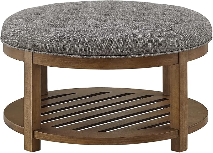 24KF Large Round Upholstered Tufted Linen Ottoman Coffee Table, Large Footrest - Image 4