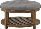 24KF Large Round Upholstered Tufted Linen Ottoman Coffee Table, Large Footrest - Image 4