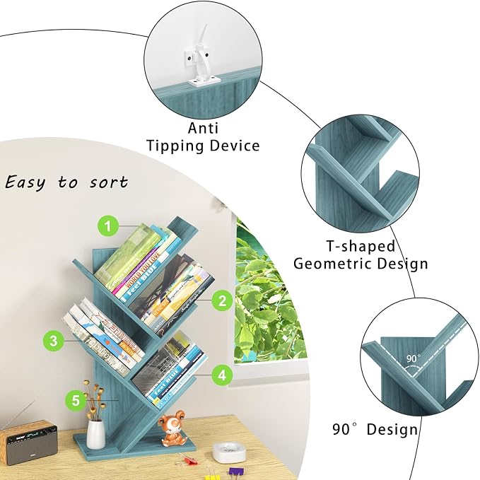 SHEEPAM 5 Tier Tree Book Shelf, Small Desktop Bookshelf - Image 6