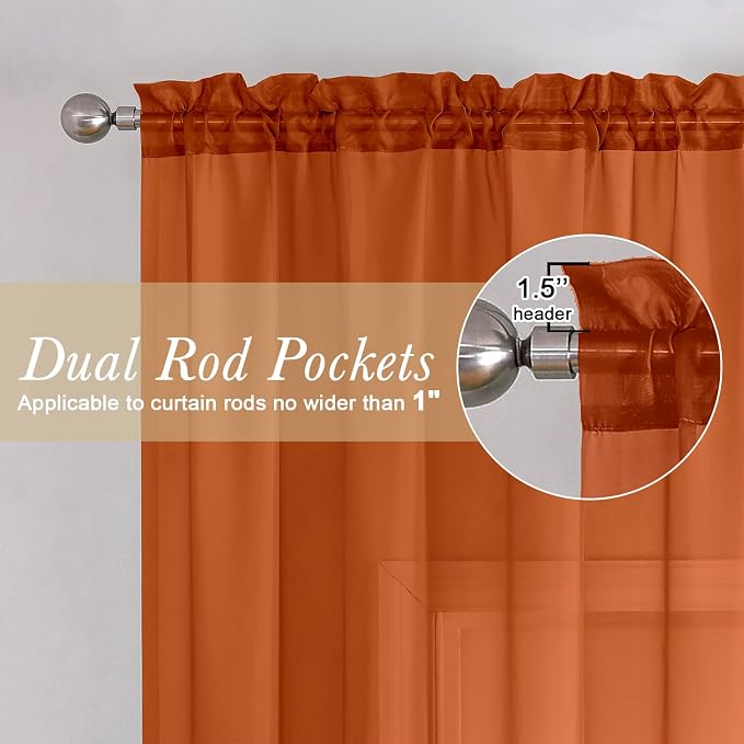 Orange Sheer Curtains 54 Inch Length 2 Panels, Voile Light Filtering Curtains - Image 2