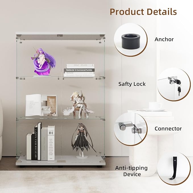 Display Cabinet with Glass Door and Lock, 3-Shelf Fast Installation Curio - Image 4