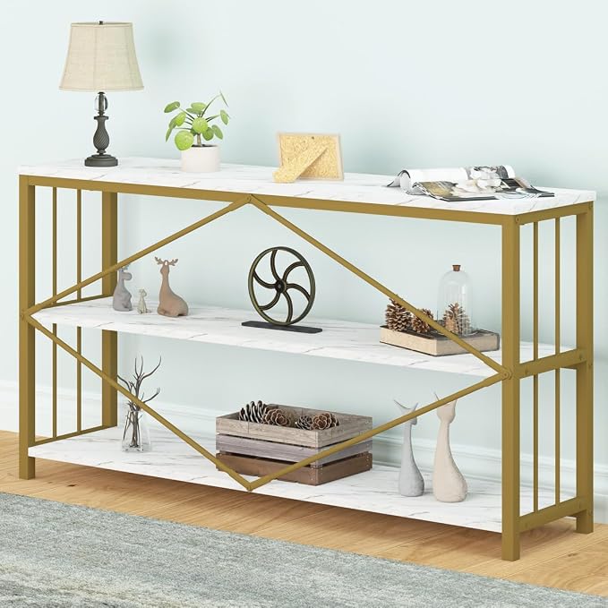 LVB White 3 Tier Console Table, Modern Faux Marble Gold Sofa Entryway Table - Image 7