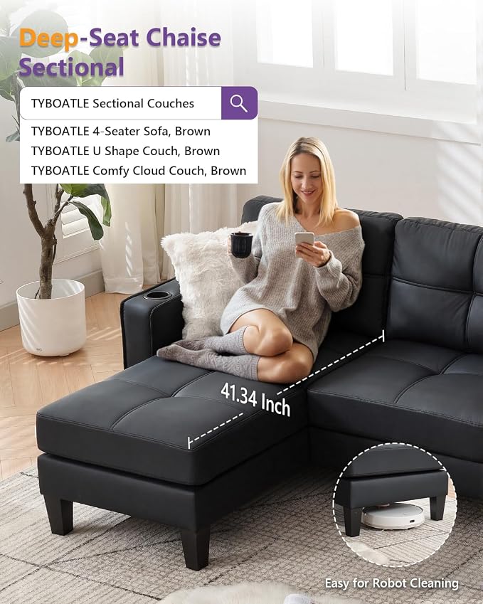 TYBOATLE 116’’ W Black Faux Leather Sectional Couch w/USB and Cup Holders - Image 5