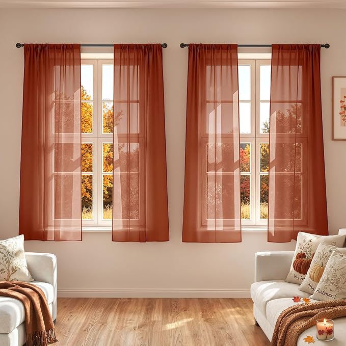MIULEE 4 Panels Fall Burnt Orange Sheer Curtains 54 x 63 Inches | Light by MIULEE
