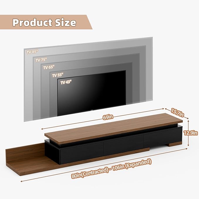 Extendable TV Stand with LED Lights, Modern TV Console with 3 Drawers, Wooden - Image 2