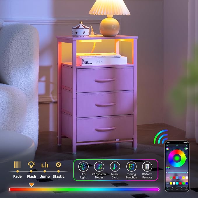 Yoobure Night Stand with Charging Station, 16 Colors LED Nightstand with USB - Image 4