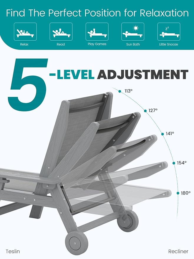 SERWALL Textilene Patio Chaise Lounge Chair, 5 Positions Adjustable Outdoor - Image 5