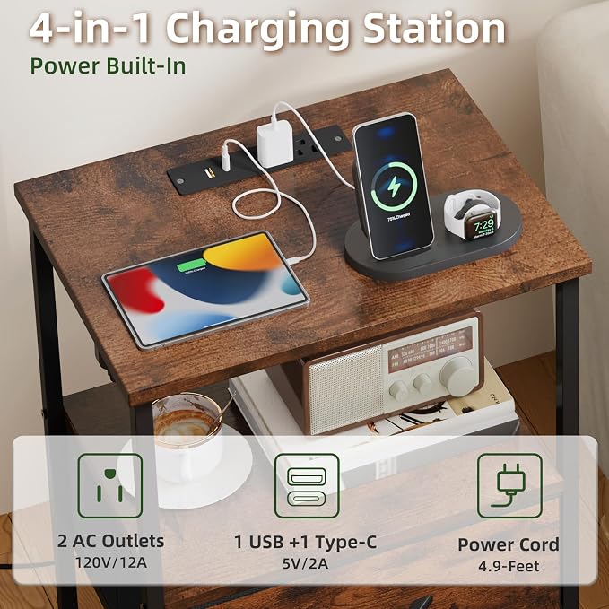 Somdot Tall Nightstand with Charging Station and LED Light - Image 5
