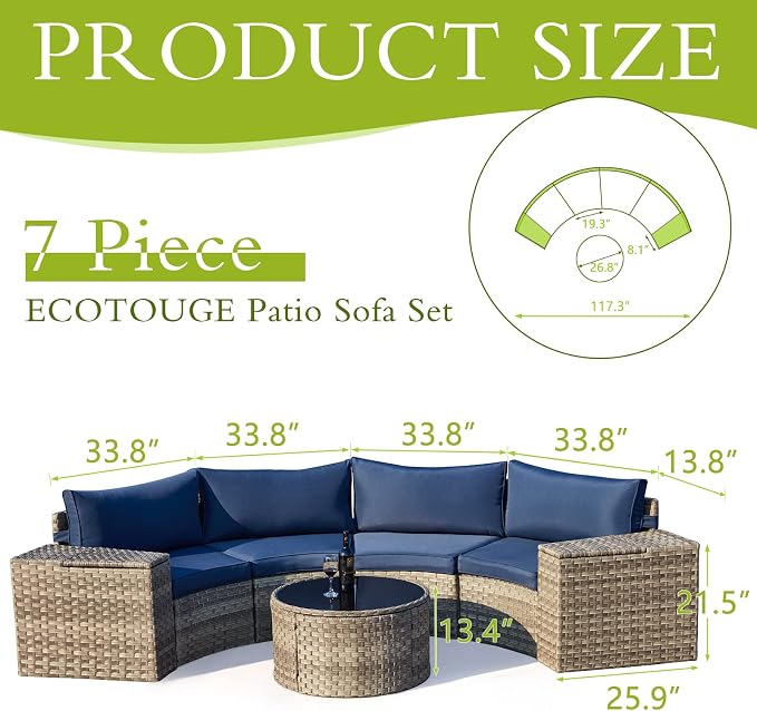 ECOTOUGE 7 Piece Outdoor Half Moon Furniture, Wicker Patio Sectional - Image 3