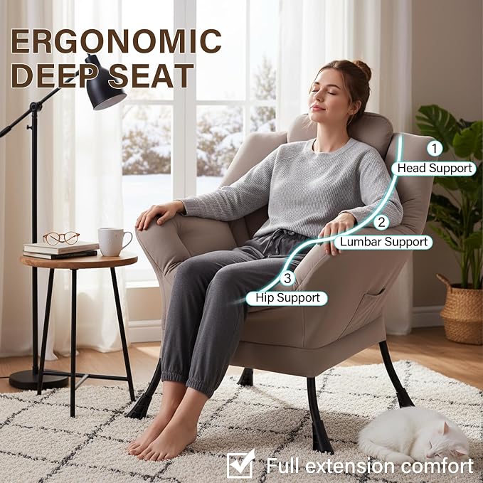 Welnow Khaki Single Lazy Chair for Living Room, Modern Reading Accent Chair - Image 7