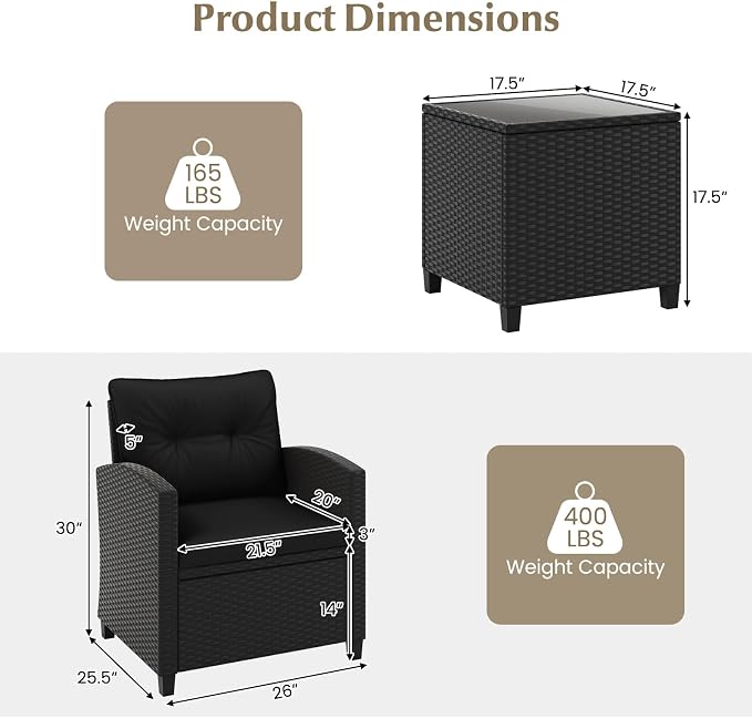 HAPPYGRILL 3 Pieces Wicker Patio Conversation Set, PE Rattan Bistro Sofa Set - Image 9