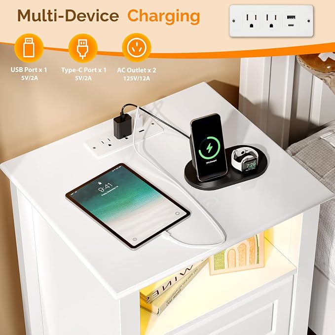 Bonnlo White Night Stand with Charging Station, Led Nightstand White Wood - Image 4