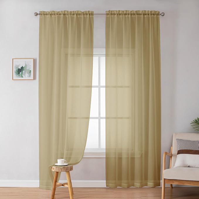 Gold Sheer Curtains 84 Inch Length 2 Panels Set, Light Filtering Voile Fimly - Image 2