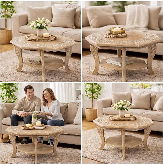 Hand Carved Wooden Octagon Coffee Table, Rustic Foldable Side Table Nightstand - Image 6