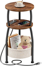 Side Table with Charging Station, Small Round End Table with Basket, USB Port by designyourhome