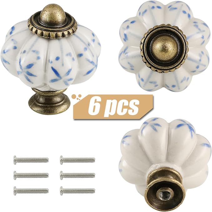 Ivory & Blue Pumpkin Knobs 6 Pack Ceramic Cabinet Knobs Vintage Drawer Pulls - Image 2