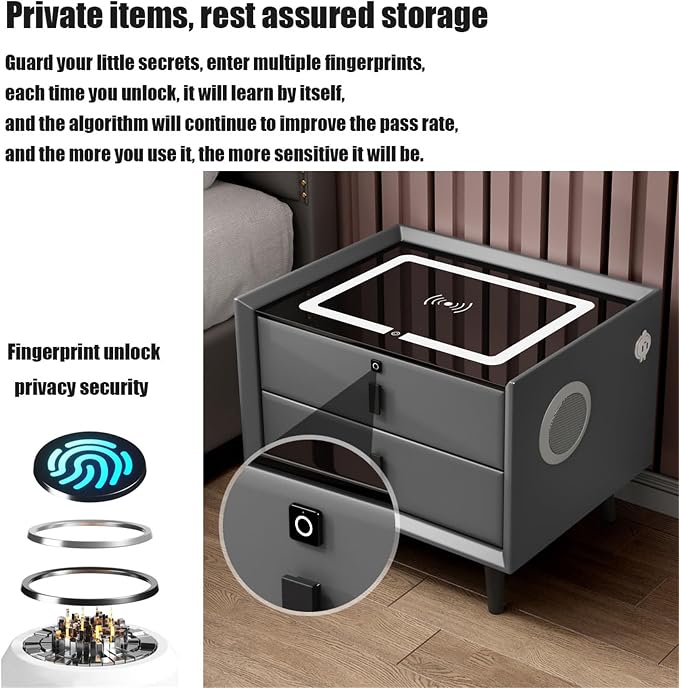 Smart Bedroom Nightstand with Fingerprint Lock and Adjustable LED Lights - Image 5