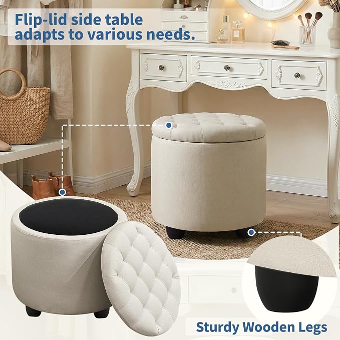 Furniliving Modern Round Storage Ottoman, Button Tufted Ottoman Foot Stools - Image 7