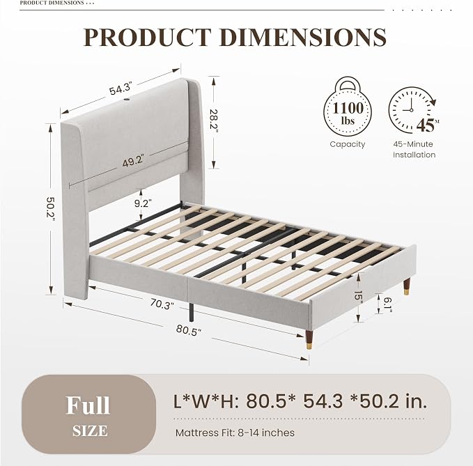 MALOL Full Size Bed Frame with Upholstered Headboard, Linen Fabric Platform Bed - Image 2