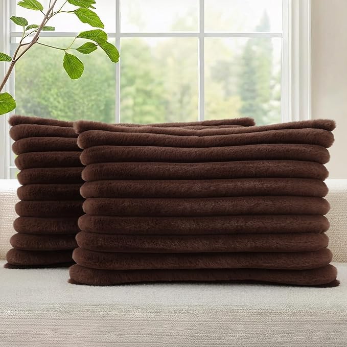 decorUhome Fall Faux Fur Throw Pillow Covers 12x20 Set of 2 Dark Brown | by decorUhome