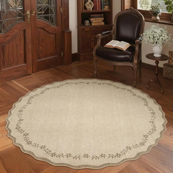GarveeHome Large Round Rug 8ft Scalloped Washable Circle Living Room Rug | Soft - Image 2