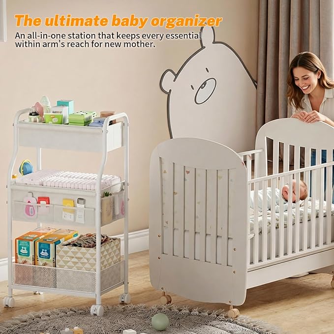 3-Tier Diaper Caddy Organizer & Rolling Cart, Metal Utility Cart - Image 6