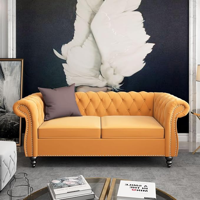 Mid-Century 2 Seater Sofa, Velvet Loveseat - Image 9