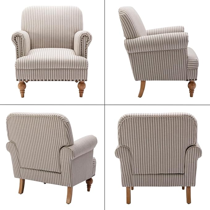 Khaki Striped Linen Fabric Accent Chairs Set of 2, Modern Farmhouse Upholstered - Image 9