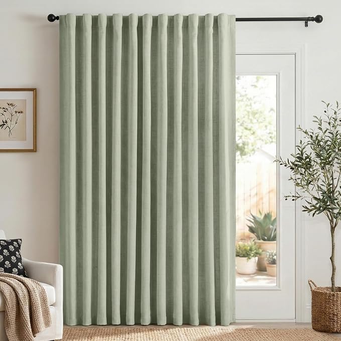 Faux Linen Total Blackout Sliding Door Curtains 96 Inches Long, Sage Green | by 100BlackoutShield
