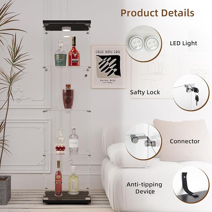 Glass Display Cabinet with LED Light and Lock, 4-Shelf Fast Installation Curio - Image 4