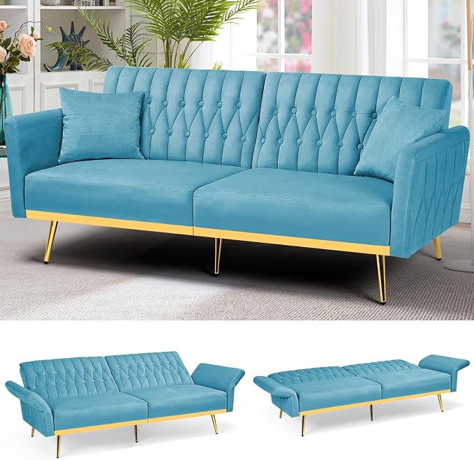 70” Velvet Futon Sofa Bed with 2 Pillows and Adjustable Armrests, Convertible by ACMEASE