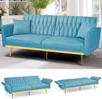 70” Velvet Futon Sofa Bed with 2 Pillows and Adjustable Armrests, Convertible by ACMEASE