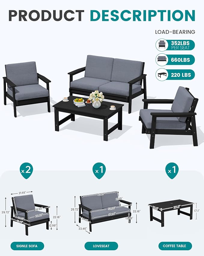 SERWALL 4 Piece HDPE Outdoor Furniture Set, All Weather Wood-Like Outdoor Sofa - Image 2