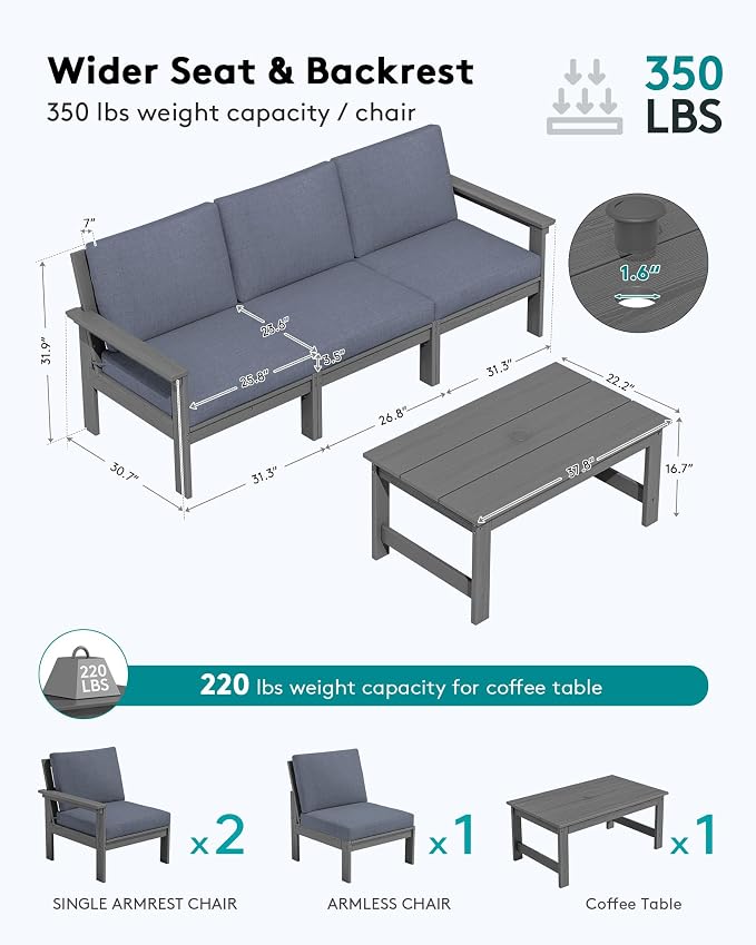 SERWALL HDPE Patio Sofa Set, 4-piece Sectional Outdoor Furniture Set, All - Image 2