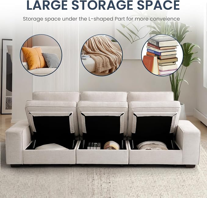 TEKAMON 100" Modular Sofa with Seats Storage, Comfy 3-Seater Chenille Fabric - Image 3