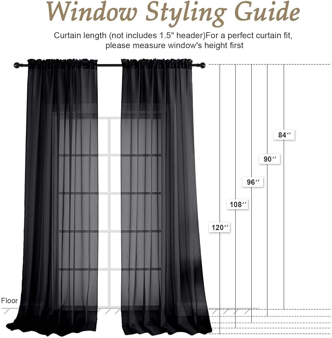 Black Sheer Curtains 108 Inches Long 2 Panels Set, 59 Inch Extra Wide - Image 2