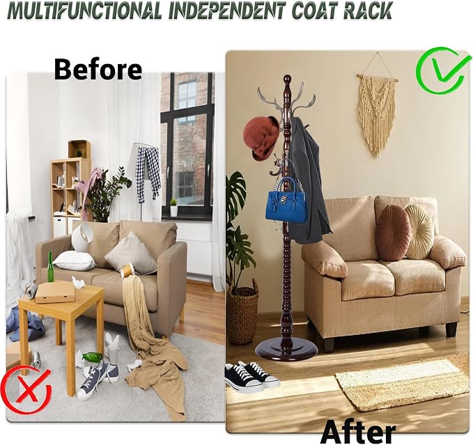 73" Wooden Coat Rack Stand, Coat Racks Freestanding - Image 5