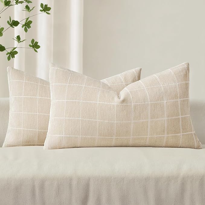 MIULEE Decorative Chenille Check Lumbar Throw Pillow Covers Vintage Plaid Couch by MIULEE