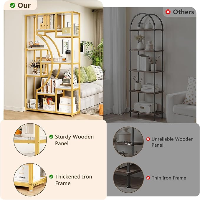 LGHM 79" W Luxury Marble-Patterned White Gold Bookshelf, Modern Geometric - Image 6