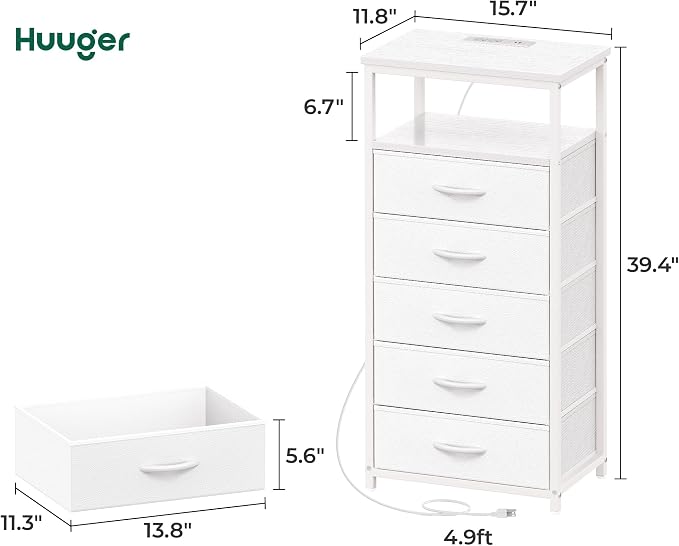 Huuger White Dresser with 5 Drawers & Charging Station, Tall Dresser - Image 3