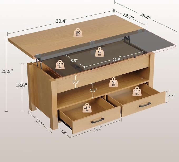 Garvee 40" Coffee Table Lift Top, Converts to Dining Table - Image 3