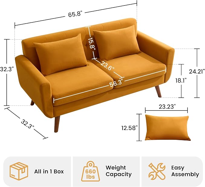 Tbfit 65" W Loveseat Sofa, Velvet Mid Century Modern Love Seat Couches - Image 2